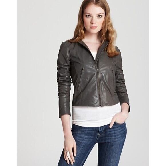 Theory Black Leather Fida Crop Front Zip Biker Jacket Size Large $815 Womens Sz - Picture 8 of 10